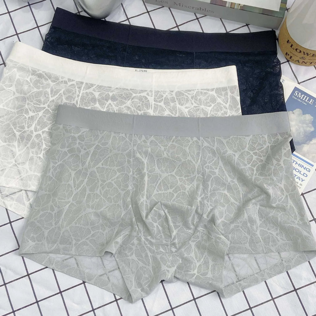 Men's thin lace leopard jacquard underwear shorts in five colours on a white background