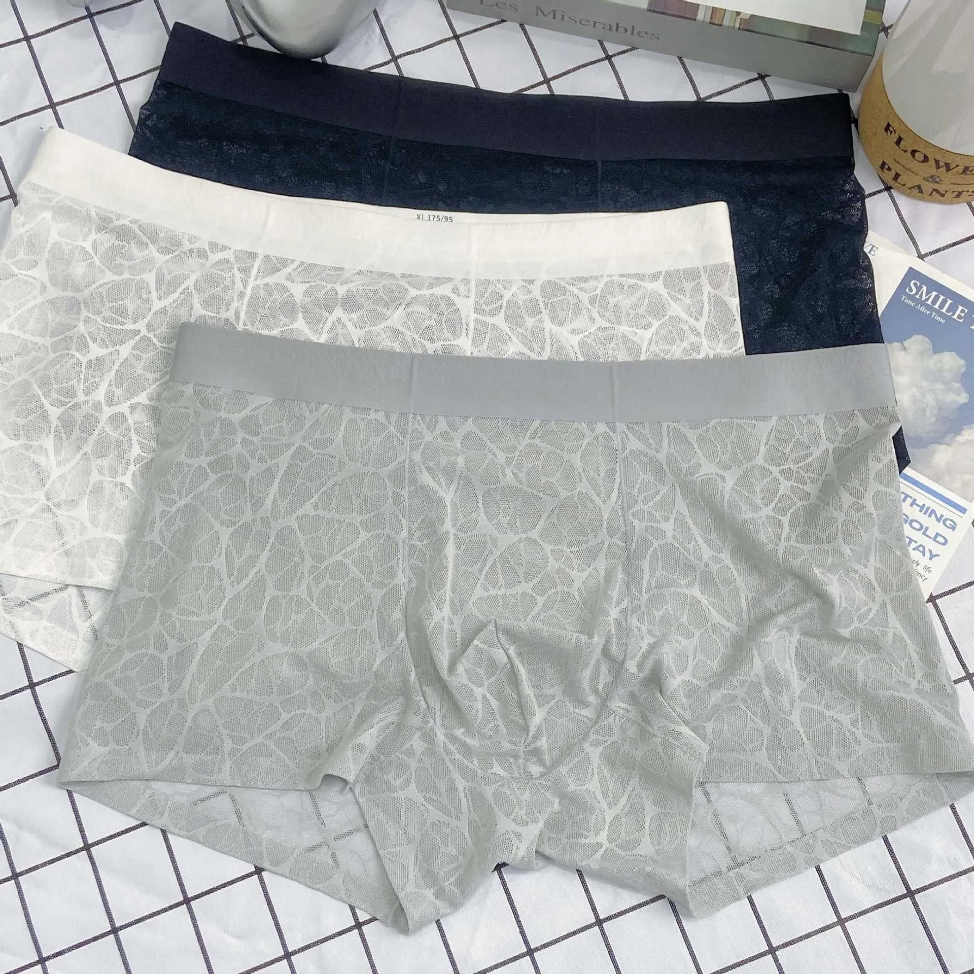 Men's thin lace leopard jacquard underwear shorts in five colours on a white background