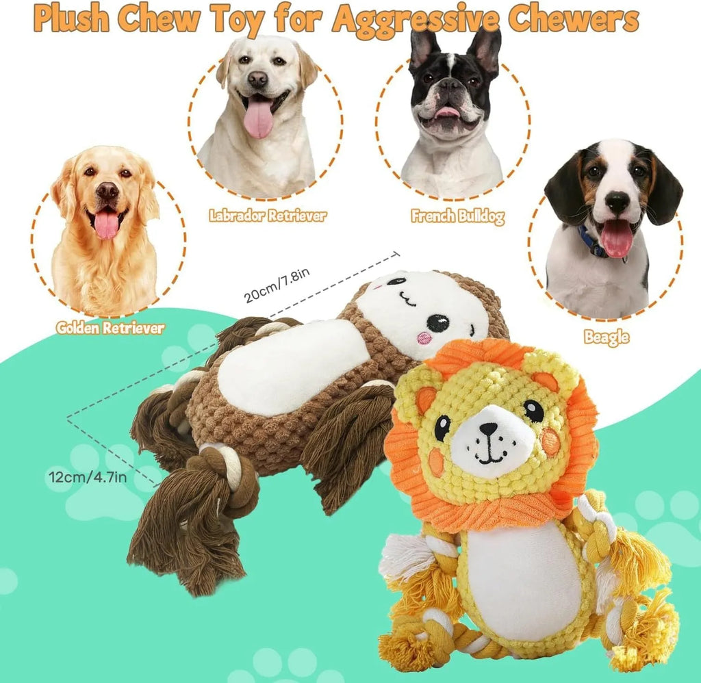 Lion and monkey plush squeaky dog toys bundle for medium and large breeds