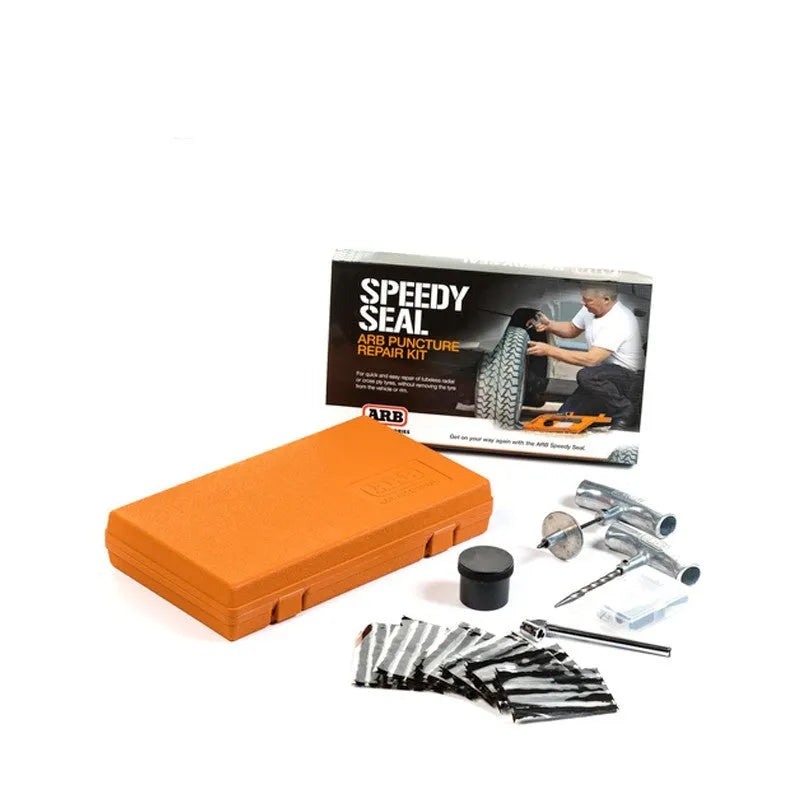 Speedy Seal emergency tyre repair tool set in a compact yellow case with pressure gauge and tools.