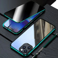 Gold magnetic clamshell privacy phone case with tempered glass protectors shown next to an iPhone