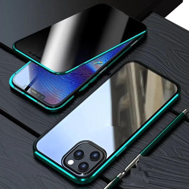 Gold magnetic clamshell privacy phone case with tempered glass protectors shown next to an iPhone