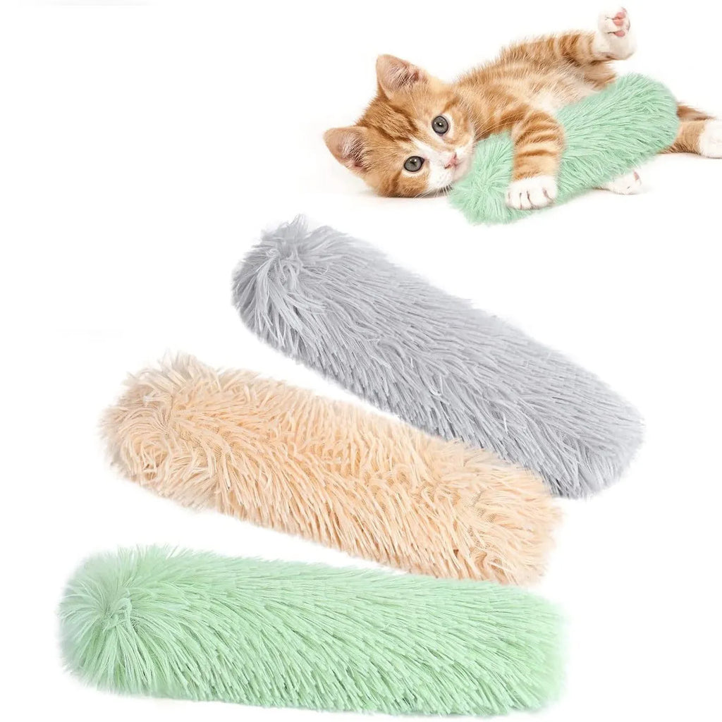 Blue, green, pink, and white cat plush toy pillows measuring 27cm by 10cm.