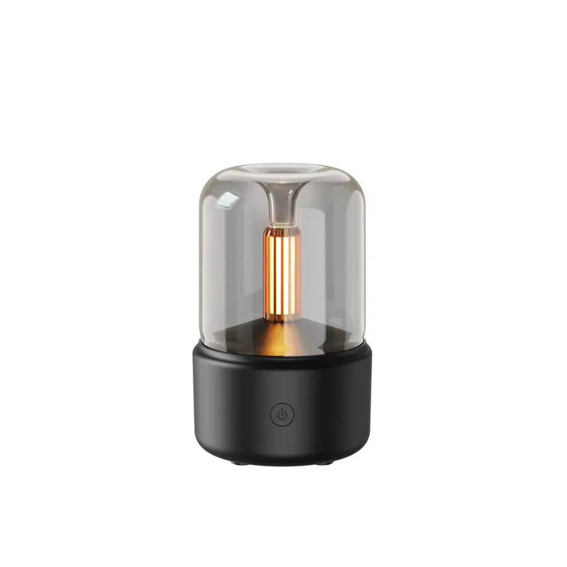 Beige candlelight aroma diffuser humidifier with USB cable, 120ml capacity, LED night light effect