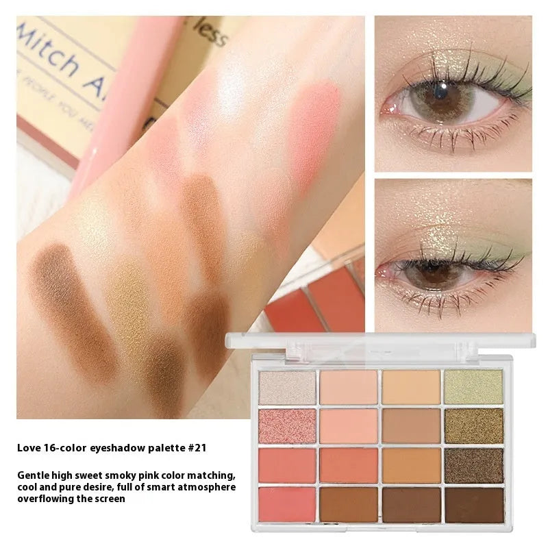 Eyeshadow palette showing 16 colours including shimmer and matte finishes, with shades like life fuzzy and cocoa fuzzy.