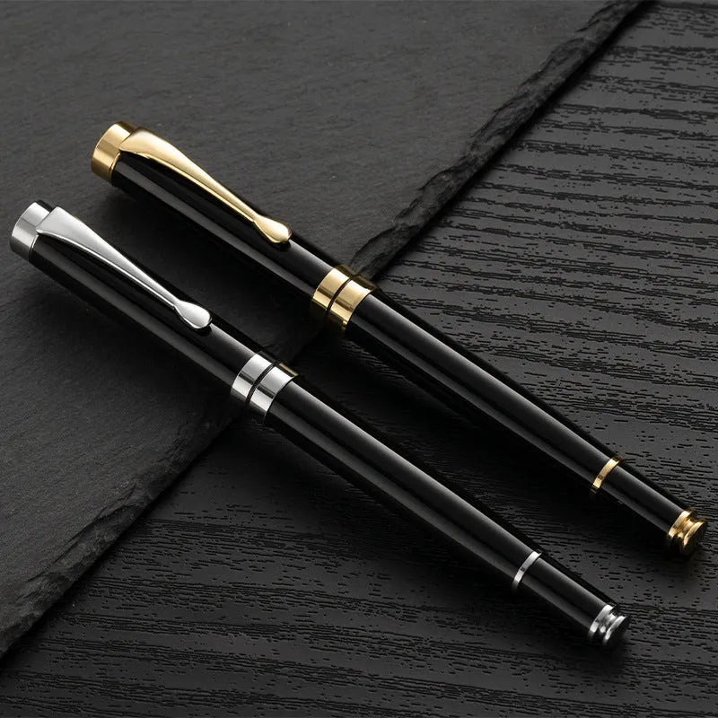 Metal fountain pen with colour options including black, blue, red, white with gold or silver clips