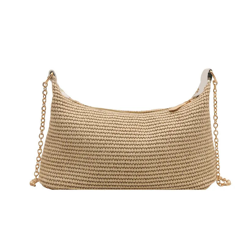 Straw woven square beach tote bag with sandwich pockets and shoulder strap in khaki colour