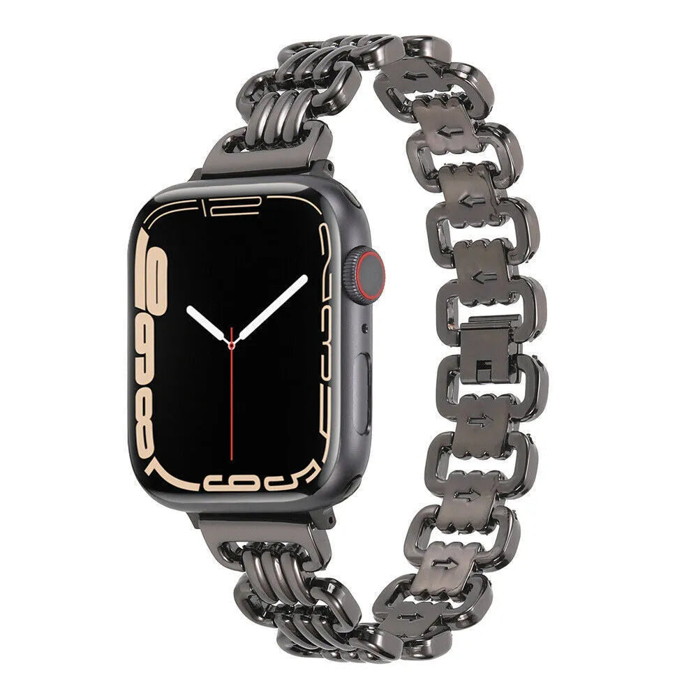 Alloy metal ladies watch bracelet for Apple Watch in various colours on a watch case