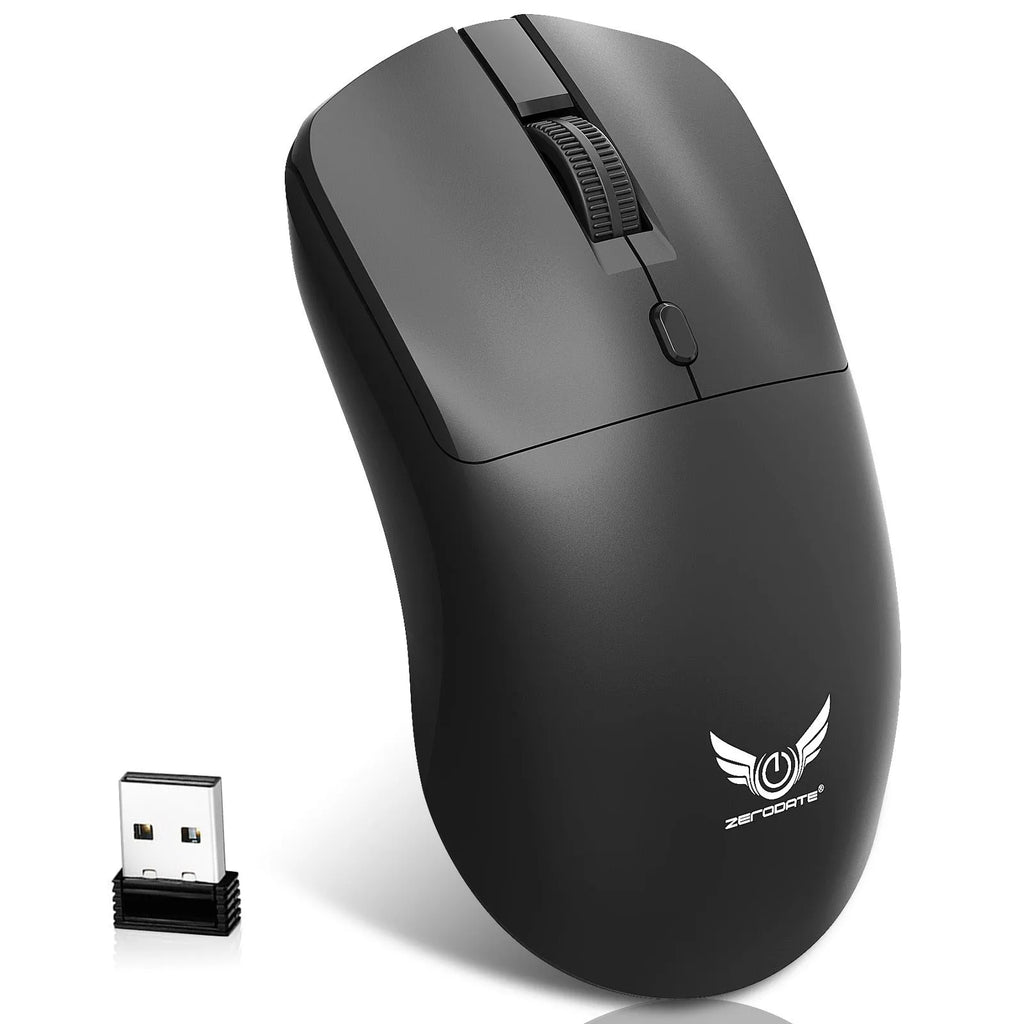 Black wireless mouse with three DPI settings and audio control button for laptop computers