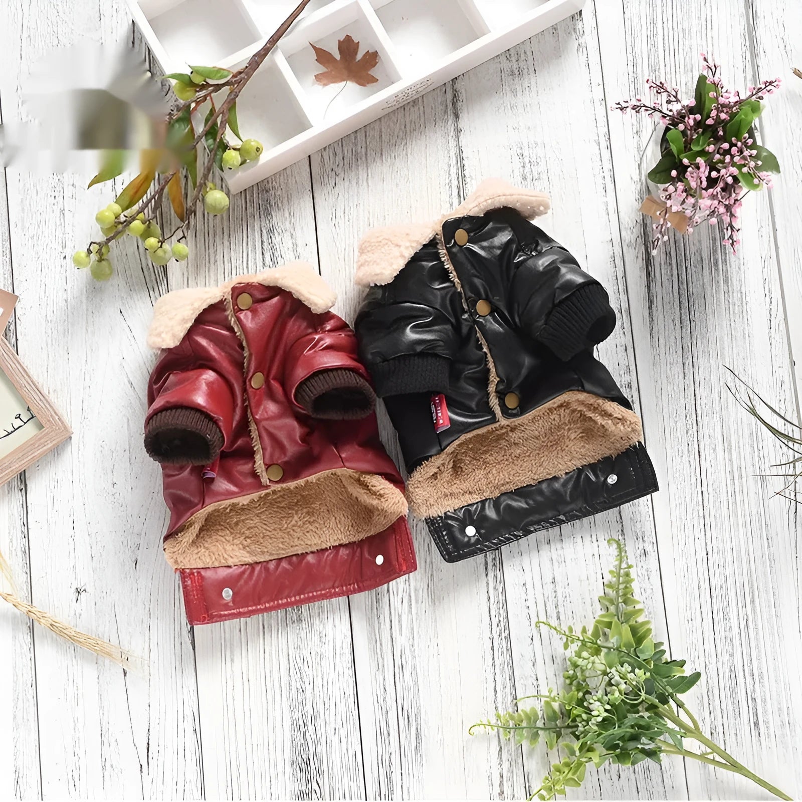 Red two-legged PU leather dog coat with fleece lining on a small dog
