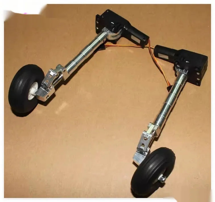 Alloy retractable shock-absorbing landing gear for model aircraft with wheel options.