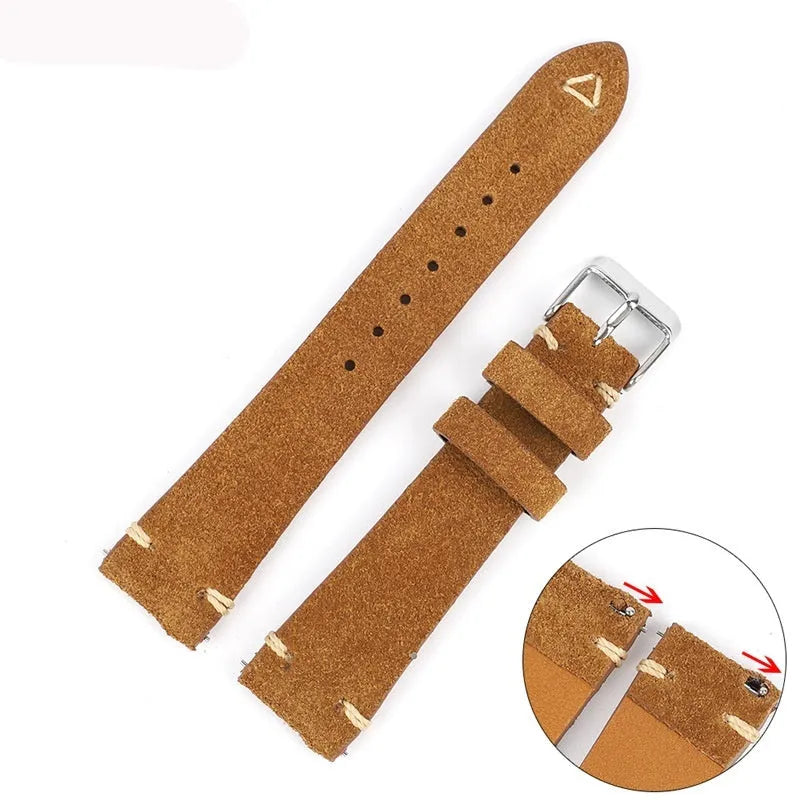 Genuine suede leather watch strap in Army Green colour, showing textured material and buckle.