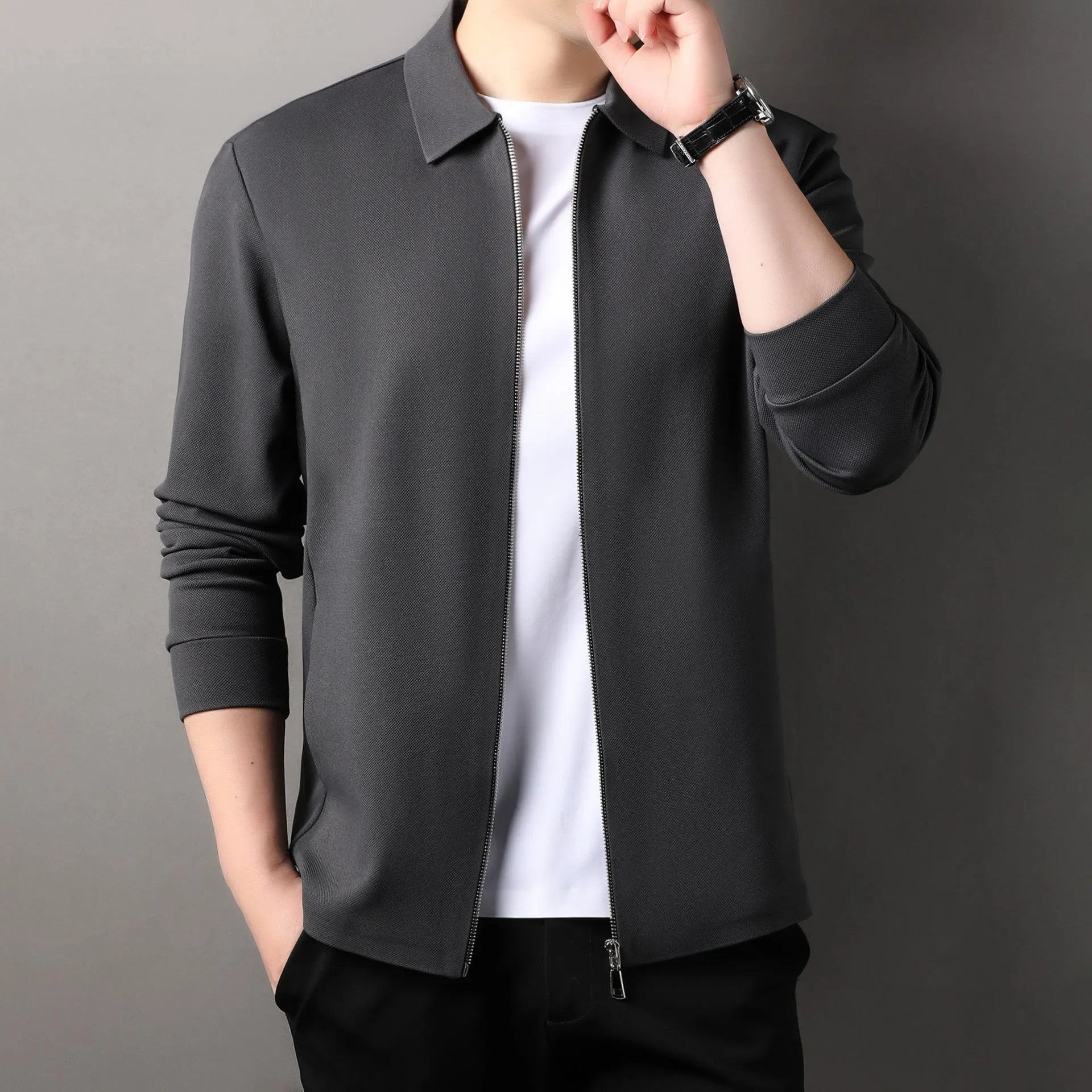 Men's straight hem business-casual jacket in black, dark gray, or apricot polyester.