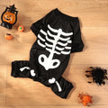 Halloween pet costume with luminous skull bones design on a four-legged polyester outfit for dogs or cats.