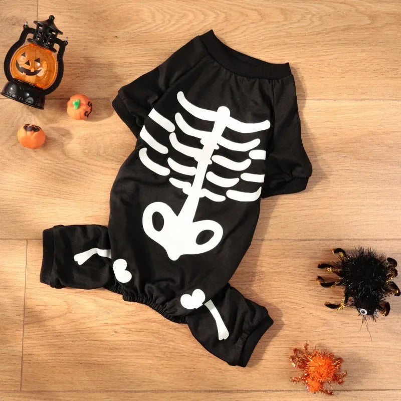 Halloween pet costume with luminous skull bones design on a four-legged polyester outfit for dogs or cats.