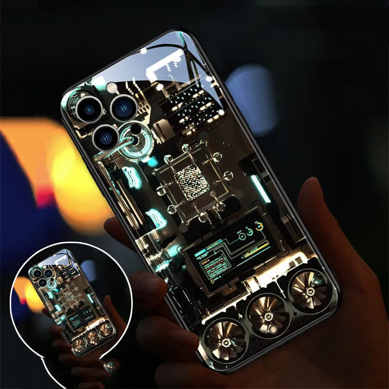 Transparent tempered glass iPhone case with a lit-up lightning diamond pattern on the back.