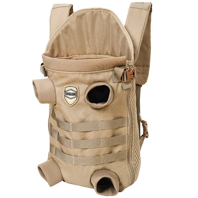 Khaki polyester pet backpack for medium dogs with breathable design