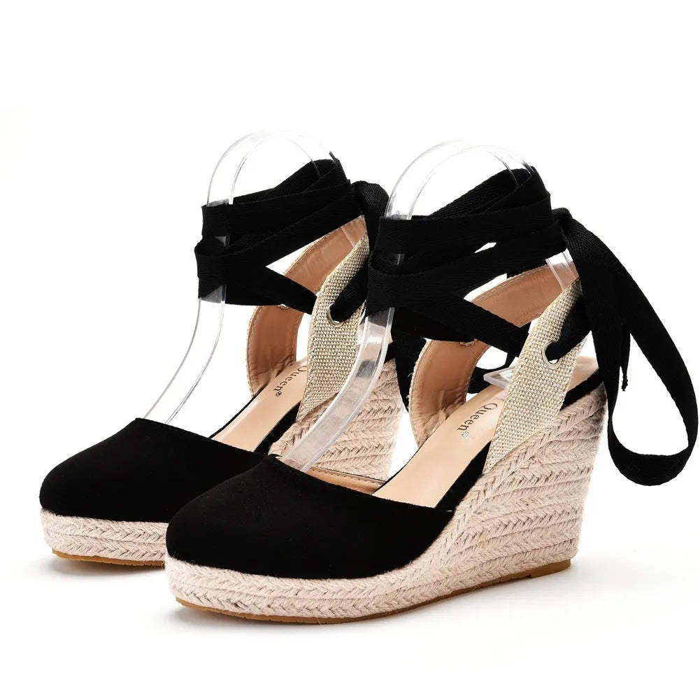 Women's apricot bohemian wedge sandals with bead details, adjustable ankle buckle, and a high platform sole.