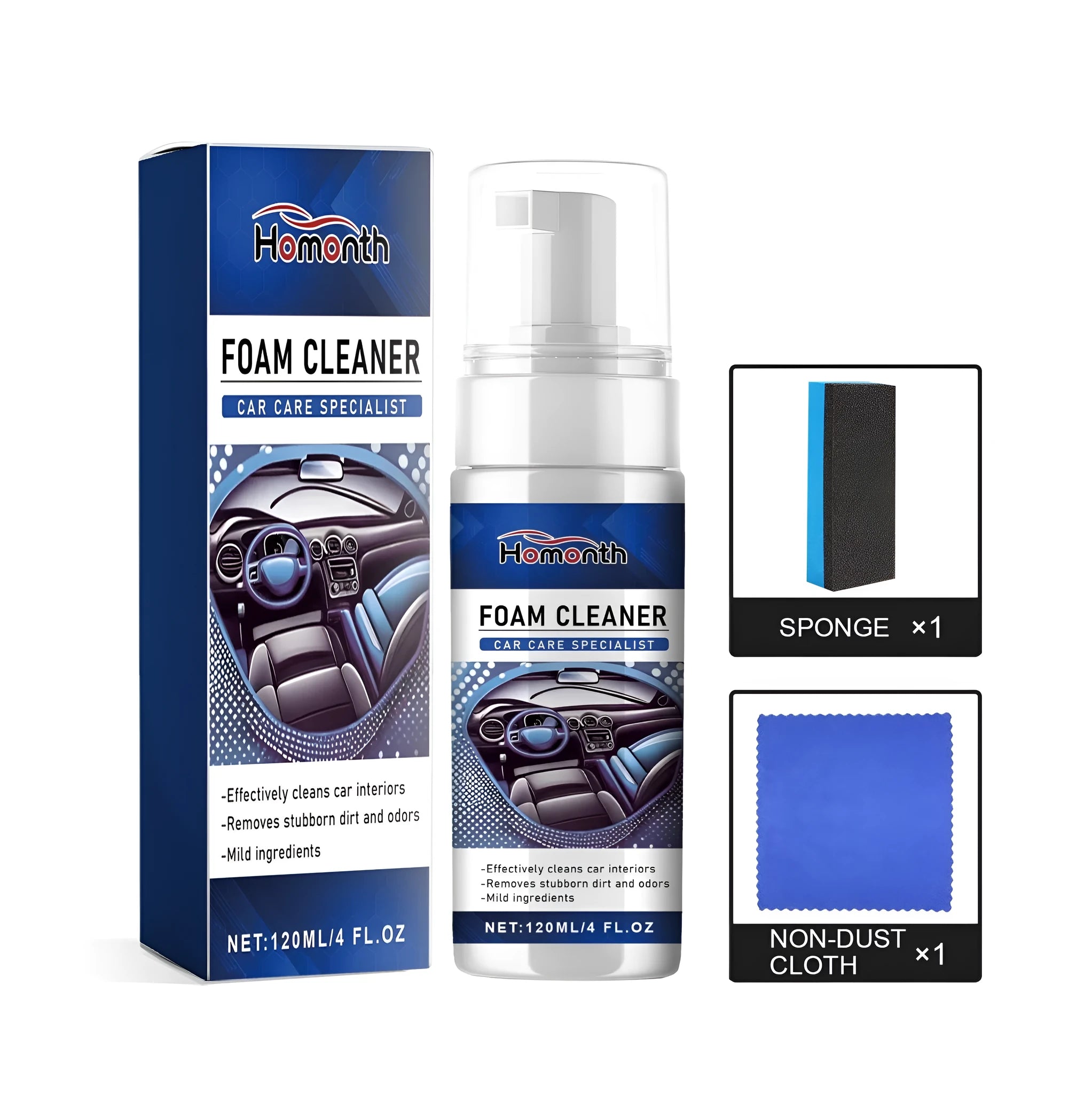 Fast car interior cleaner kit showing 120ml PET bottle, applicator sponge, and microfibre cloth for dashboard and trim cleaning.