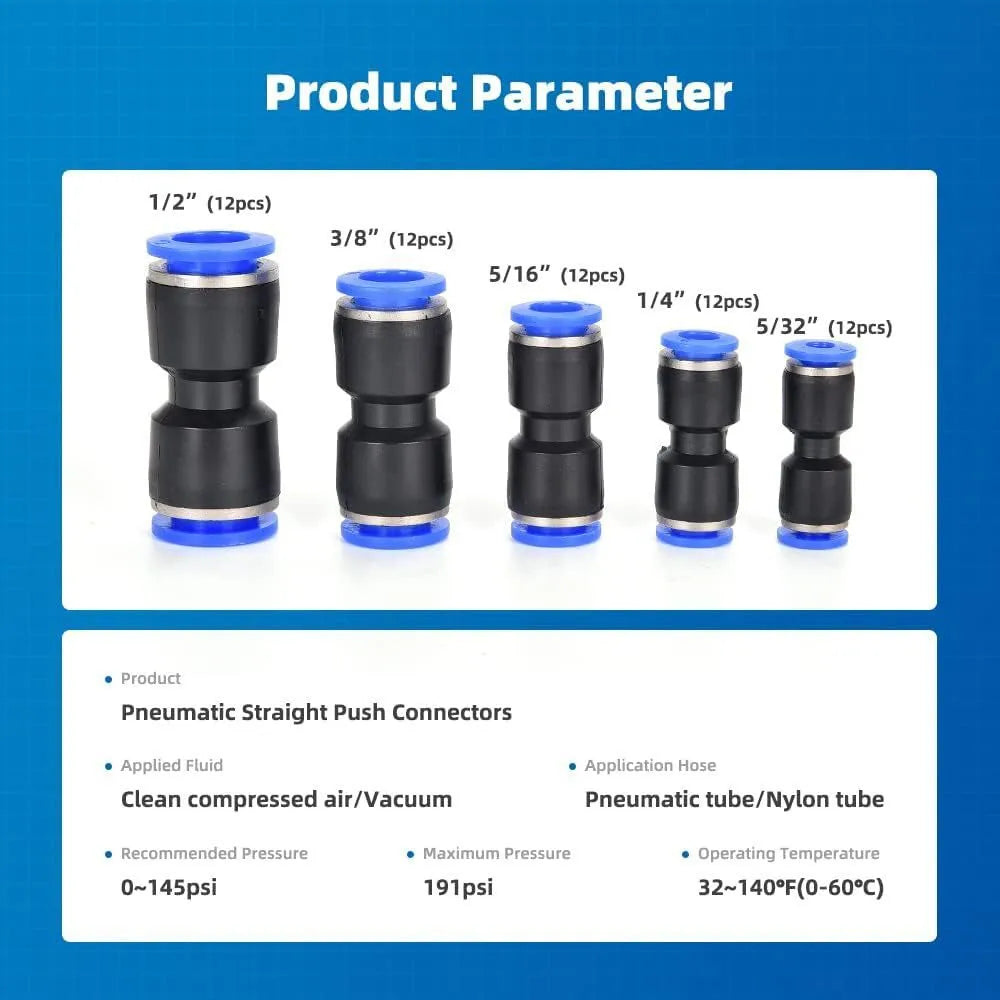 60 piece pneumatic push-in connector set showing R1/4 and R1/2 alloy plastic fittings