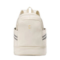 Women's travel backpack with dry-wet separation compartments in beige colour showing curved shoulder straps