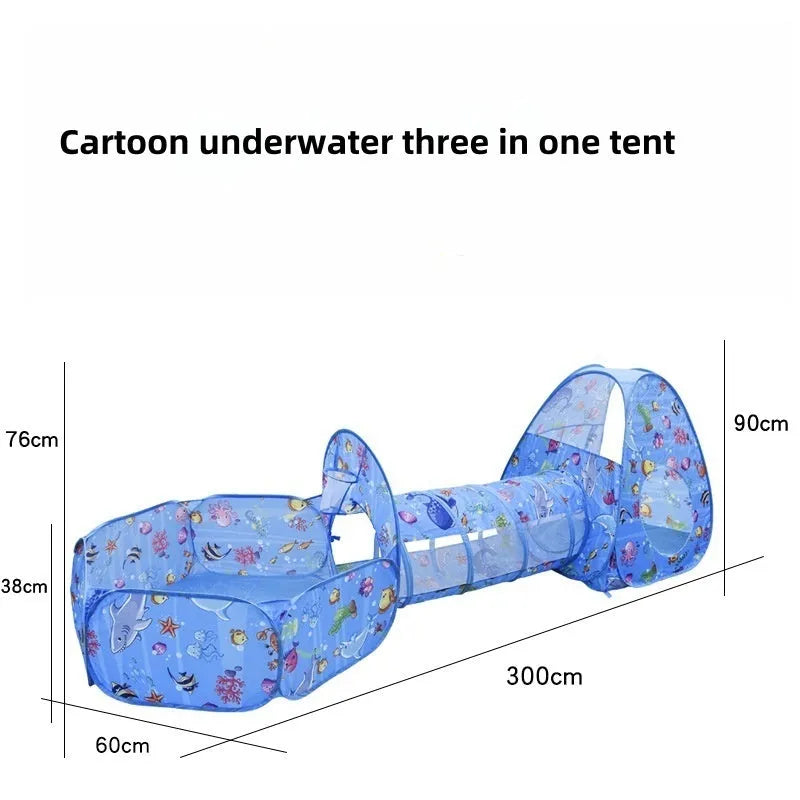 Underwater World themed children's cloth tent with connecting tunnel and ball pool play centre