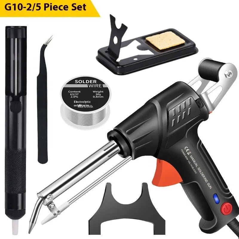 Black G102 alloy soldering gun with light from a five piece tool kit on a workbench.