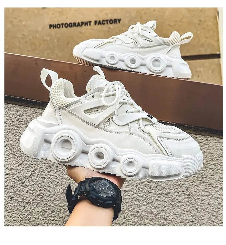 Men's Korean style sneakers with breathable mesh upper and thick rubber sole for height increase