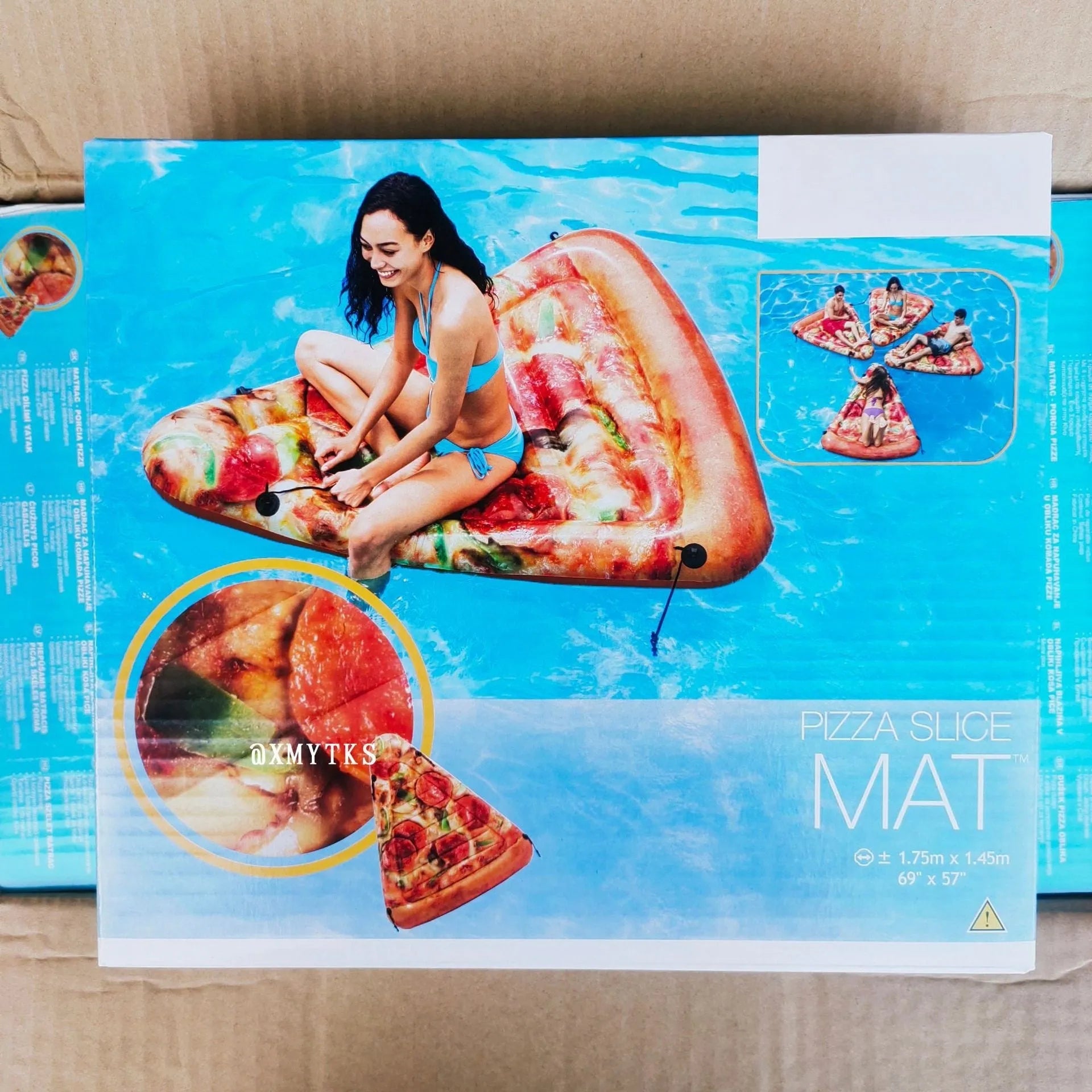 Large inflatable pizza-themed surfboard float for pool lounging, 175cm by 145cm