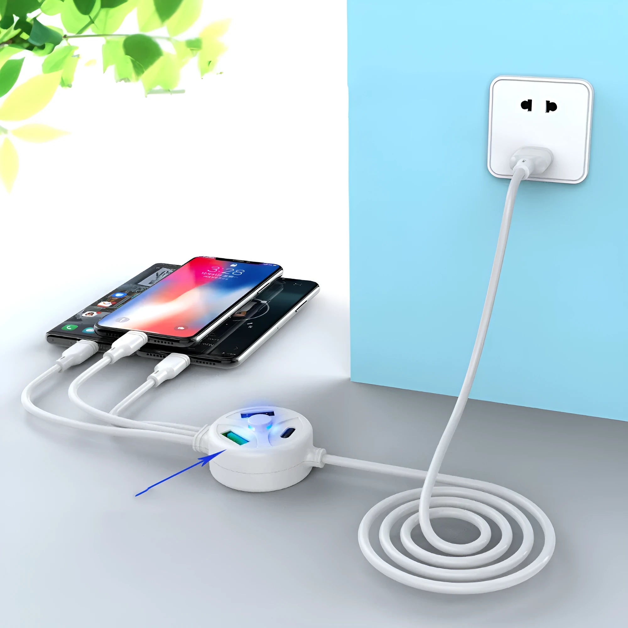 PDPVC mobile phone charging cable with 3U interface showing USB, Micro USB, Mini USB and Type-C connectors.