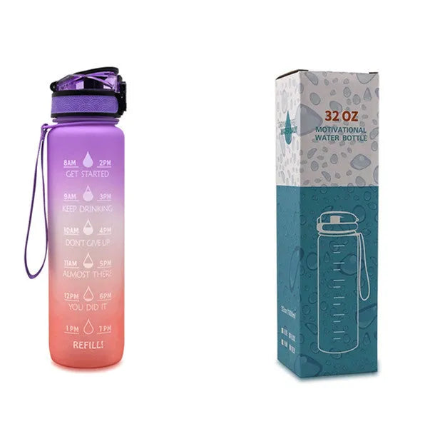Blue and red gradient 1 litre Tritan sports water bottle with time markers and flip-top lid
