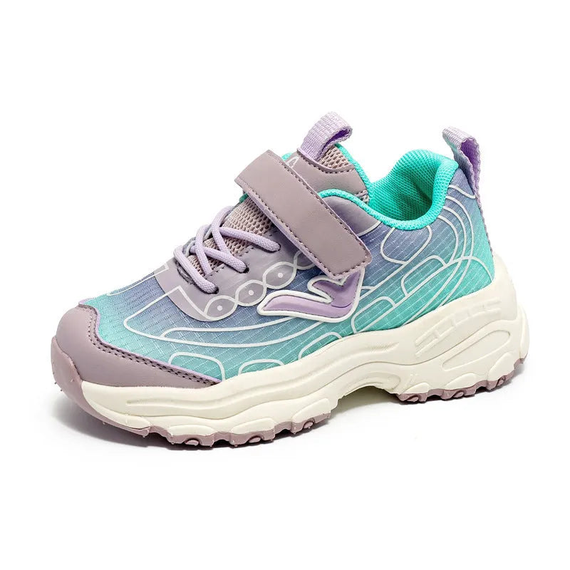 Children's black and purple striped casual trainers with mesh fabric upper and rubber sole.