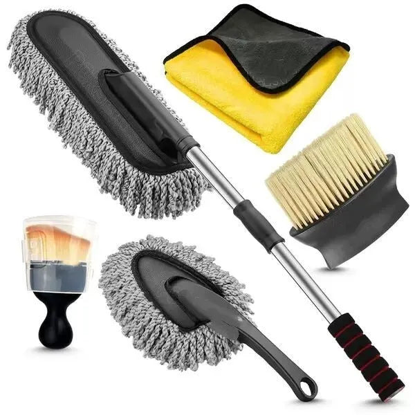 Car dust collector with retractable handle and 5-piece microfiber brush set for car and home cleaning