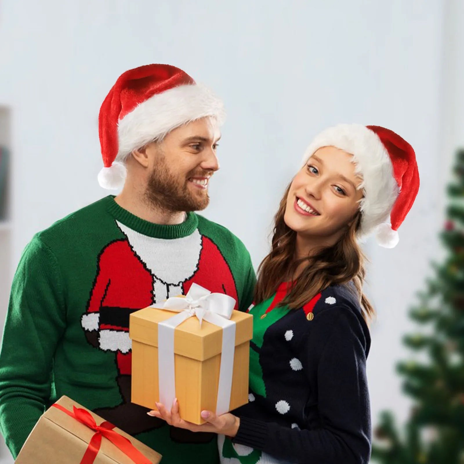 Red and white LED Christmas Santa hat with pom-pom and multi-colour lights