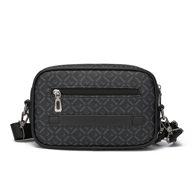 Men's black geometric pattern PU messenger bag with shoulder strap and handheld option
