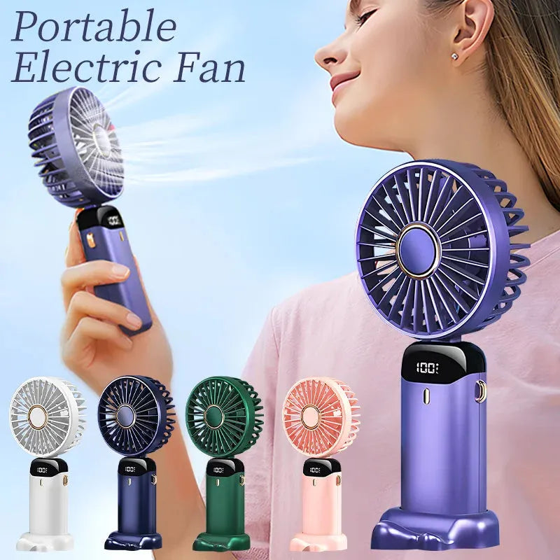 Foldable USB rechargeable portable fan showing handheld, desktop and neck-worn configurations with LED battery display
