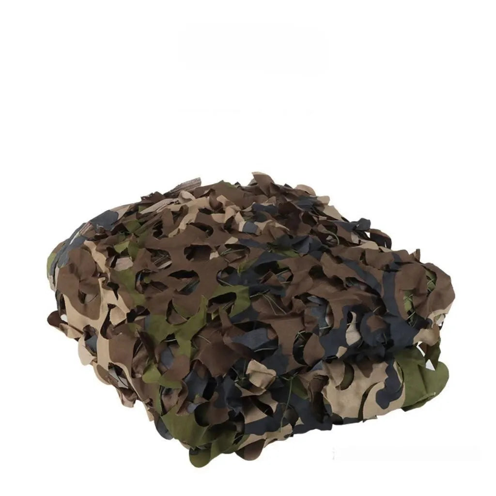 Green and brown camouflage pattern netting draped to create sunshade and visual cover.