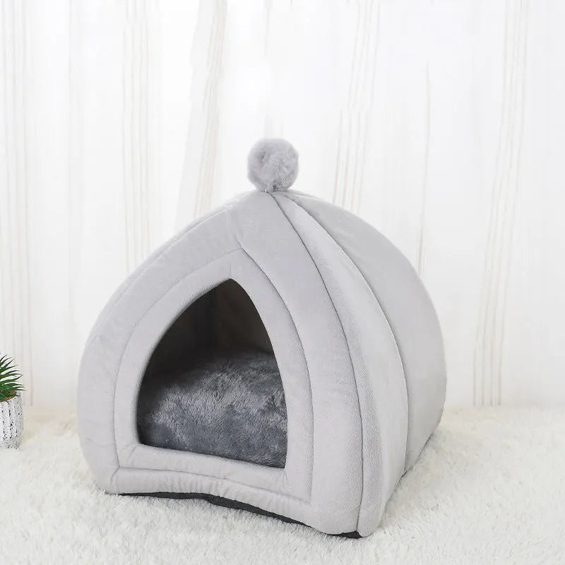 Gray soft plush tent cat bed with cushion for small dogs and cats, 47x47x53cm size