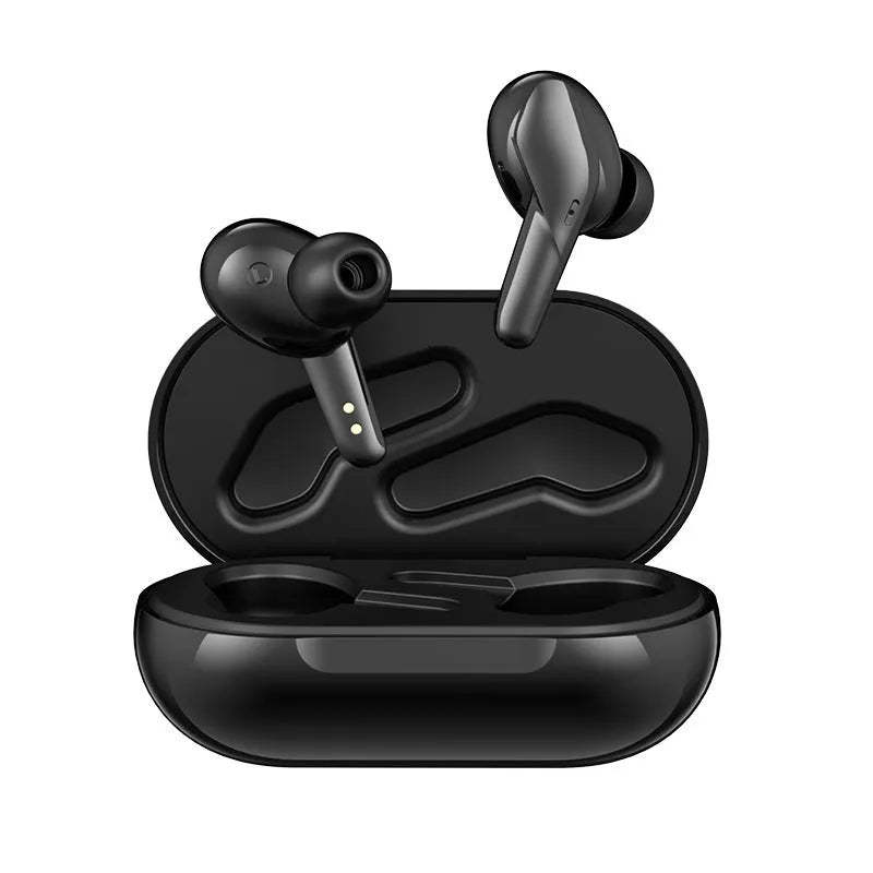 Black binaural Bluetooth V5.0 in-ear headphones with charging compartment and food-grade silicone ear caps