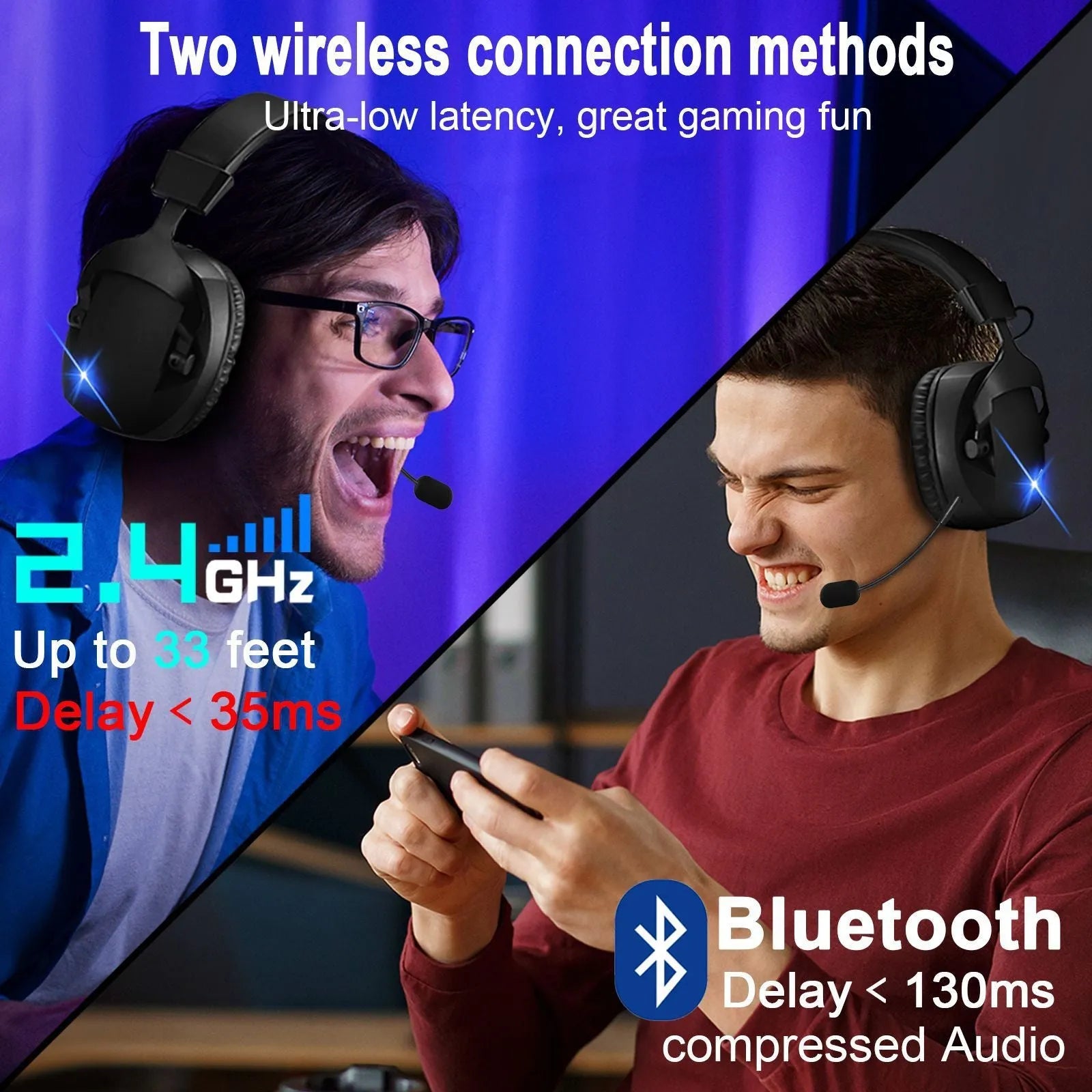 Black over-ear Bluetooth headphones with 2.4G dual-mode for gaming, IPX4 rating, ABS plastic and protein leather construction