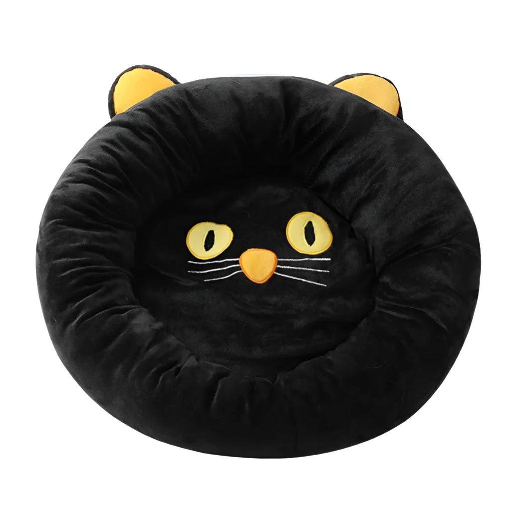 Black cat shaped velvet pet nest bed with raised edges for feline head and neck support