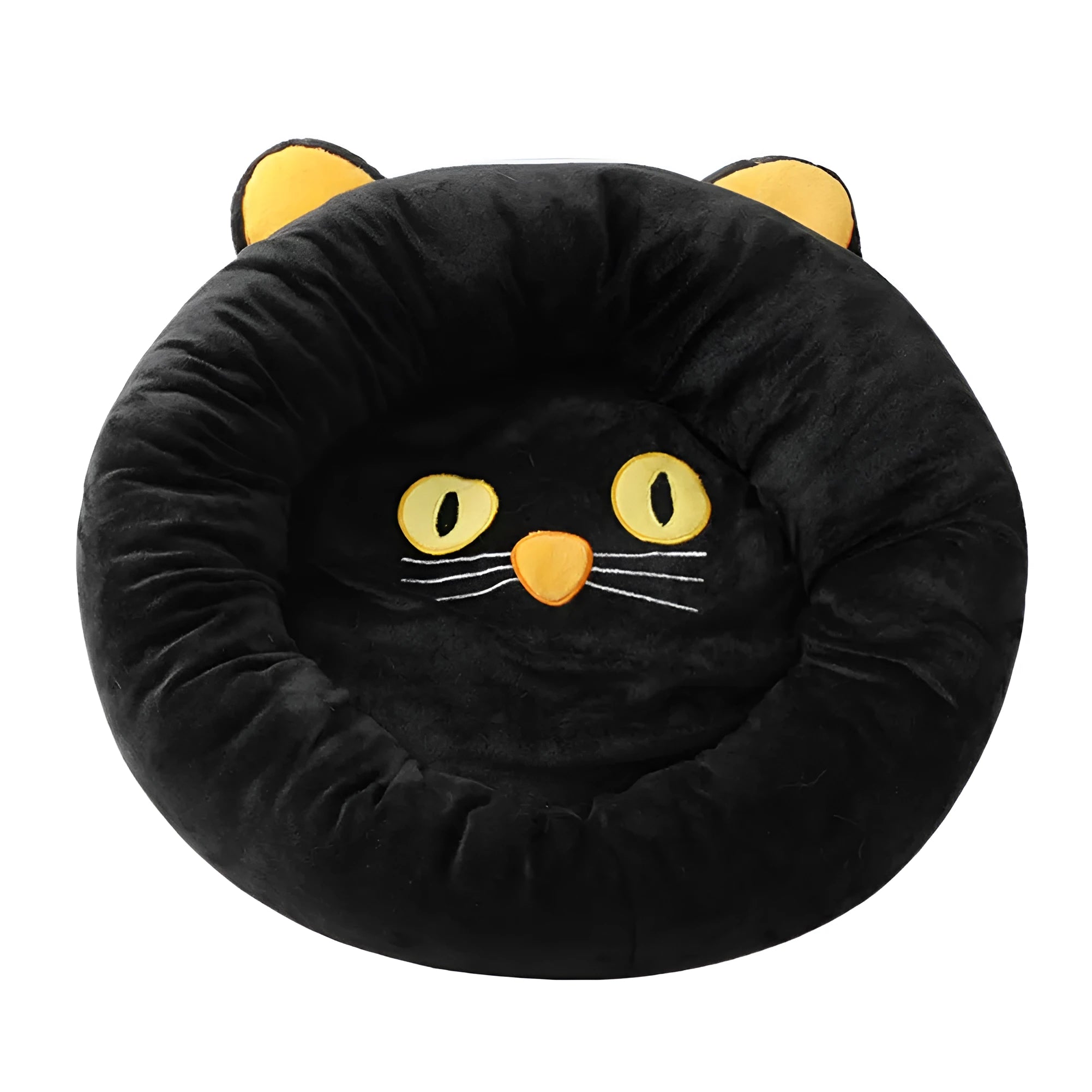 Black cat shaped velvet pet nest bed with raised edges for feline head and neck support