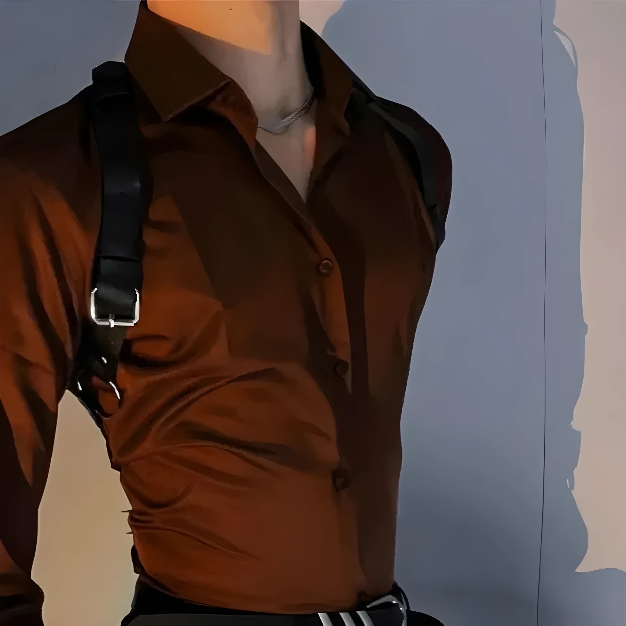Men's coffee brown long sleeve cardigan inner wear shirt with four-sided elastic fabric shown flat