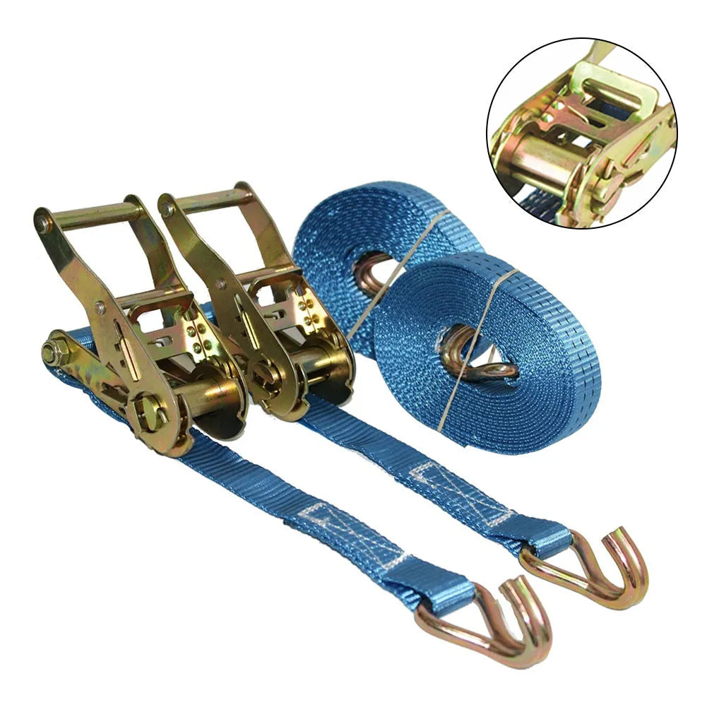 Steel ratchet tensioner with double hooks on a grey polyester fastening strap for cargo binding