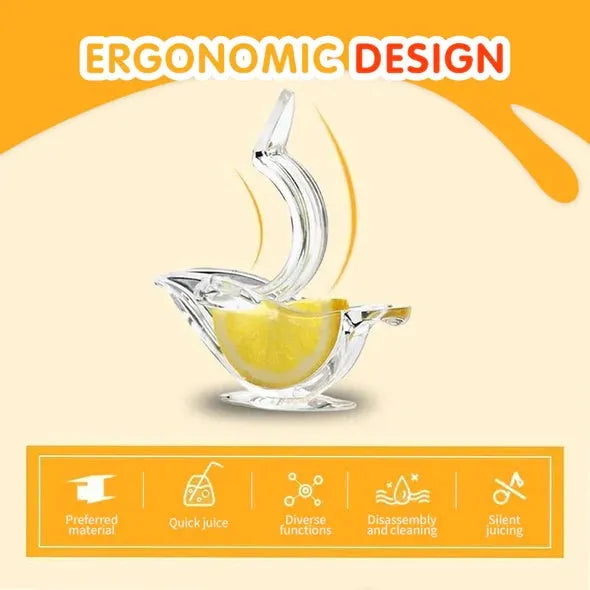 Clear acrylic bird-shaped manual lemon juicer kitchen gadget on countertop