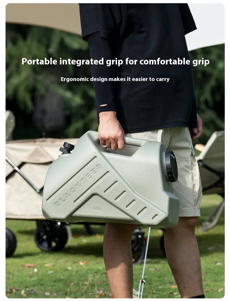 Green collapsible camping water storage tank shown in 13-litre snail and 18-litre backpack styles