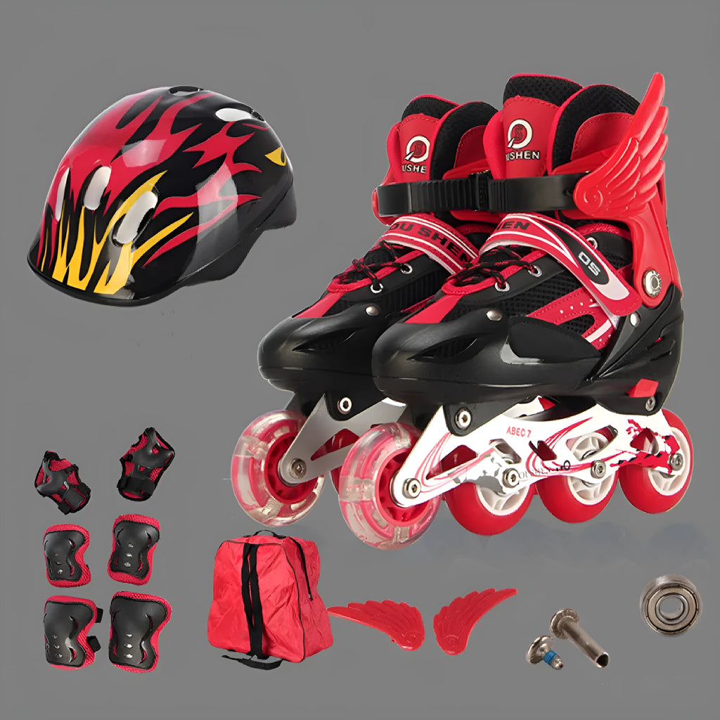 Children's adjustable skating shoes with aluminium frame, PU foam wheels, and complete protective gear set