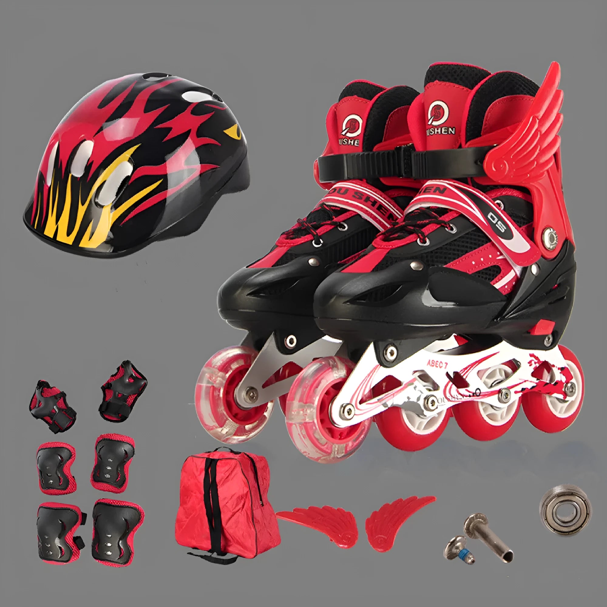 Children's adjustable skating shoes with aluminium frame, PU foam wheels, and complete protective gear set