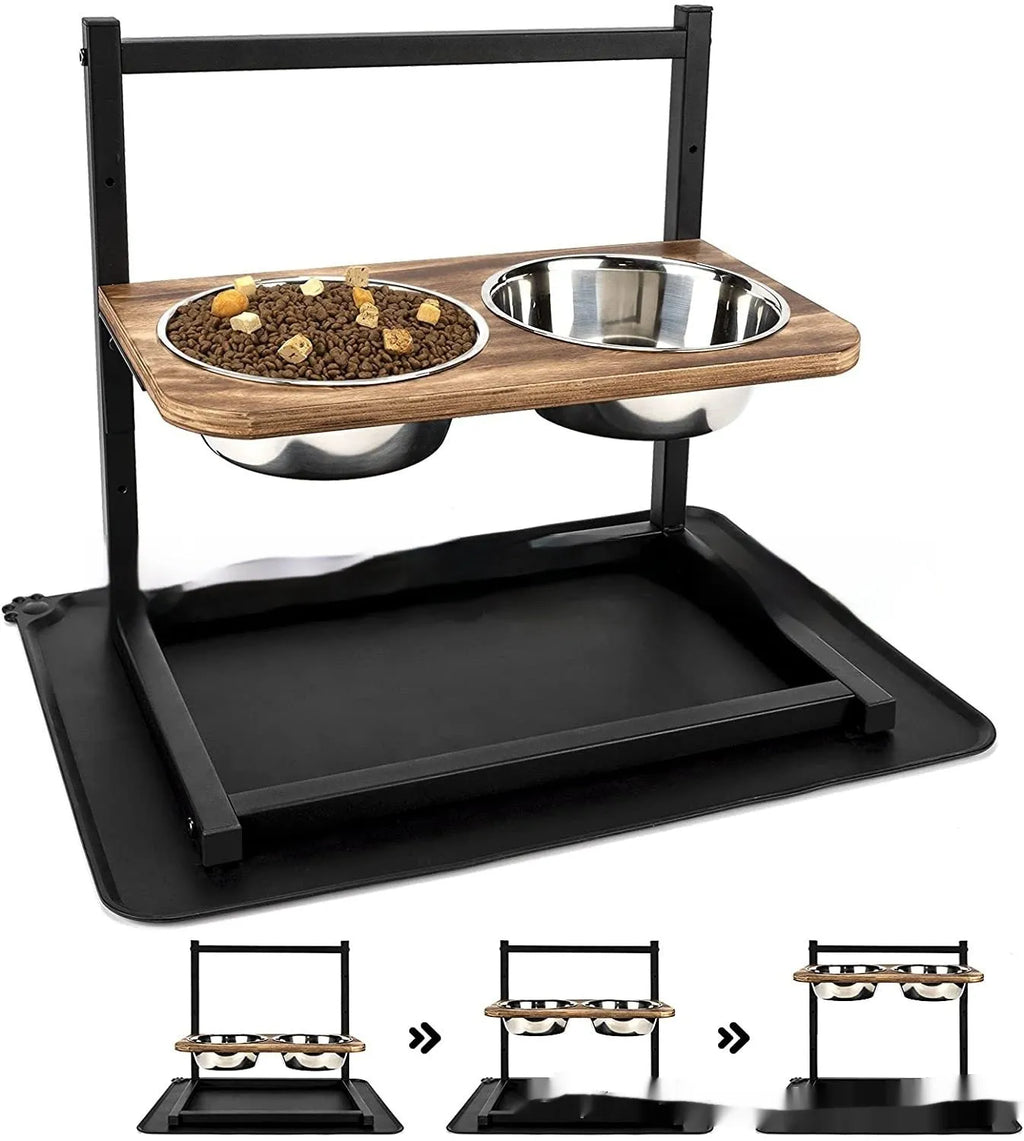 Large black iron stand holding two dog bowls for elevated feeding.