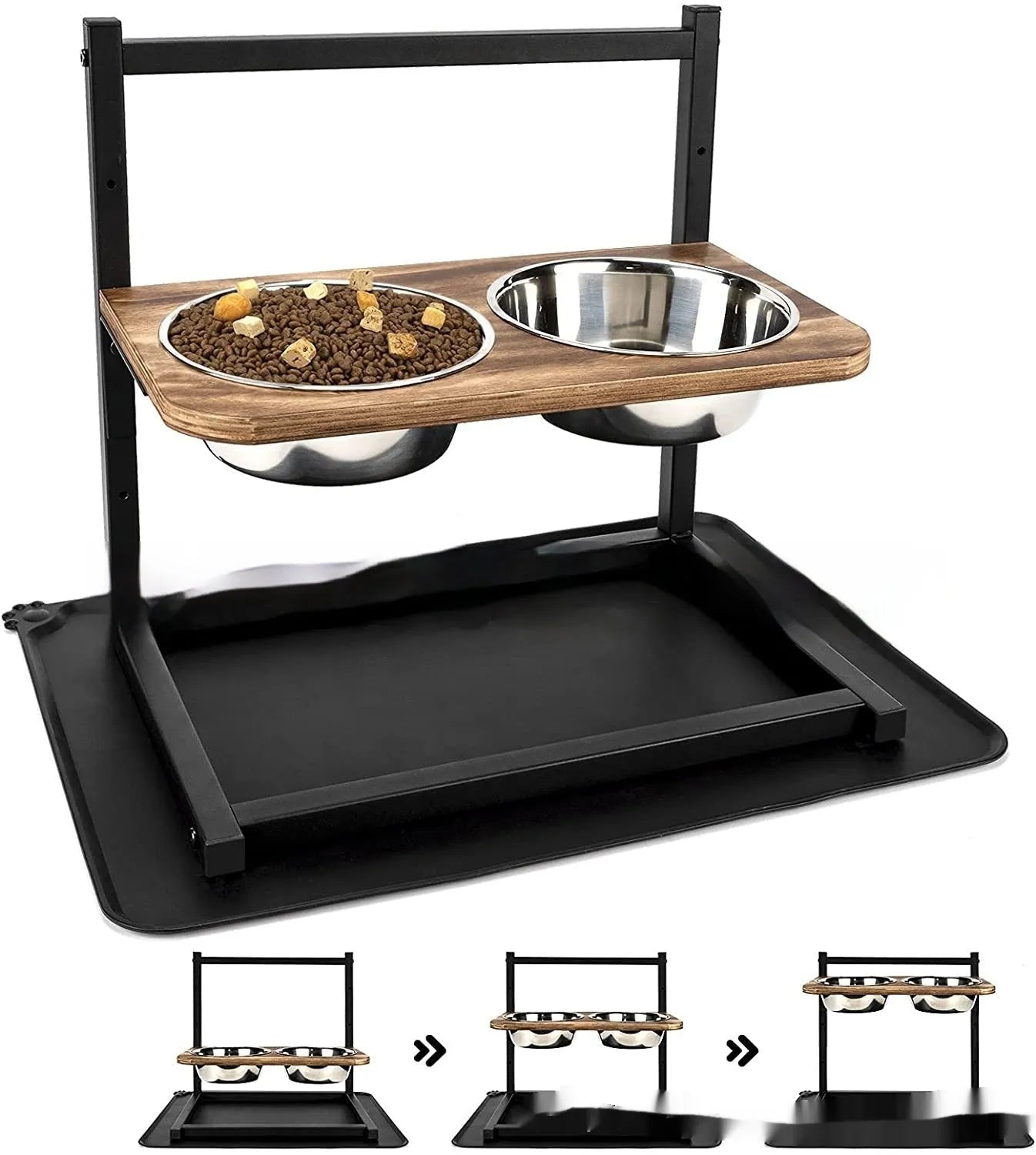Large black iron stand holding two dog bowls for elevated feeding.